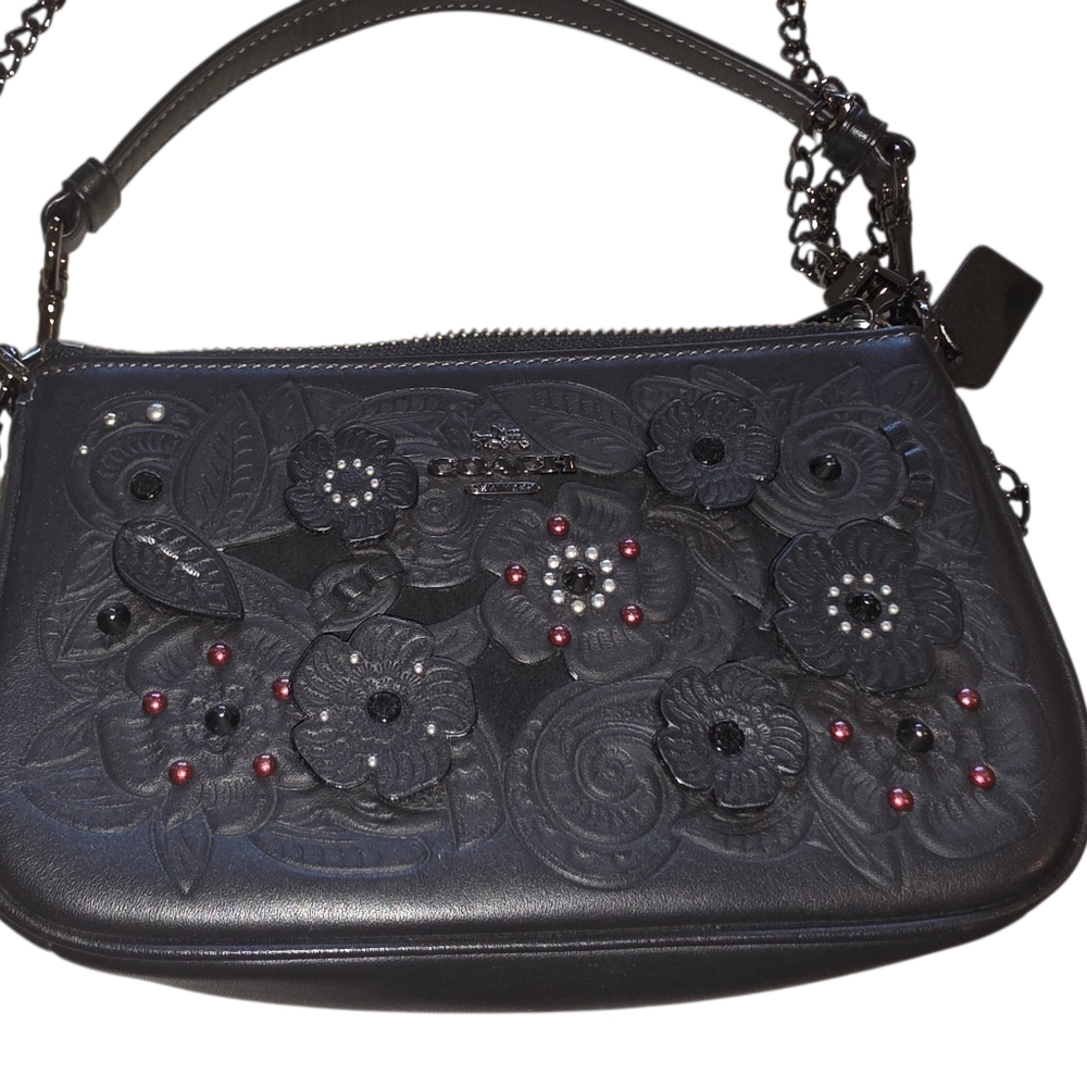 Coach Nolita Wristlet 19 Black Leather with Tea Rose Tooling & Gunmetal Hardware